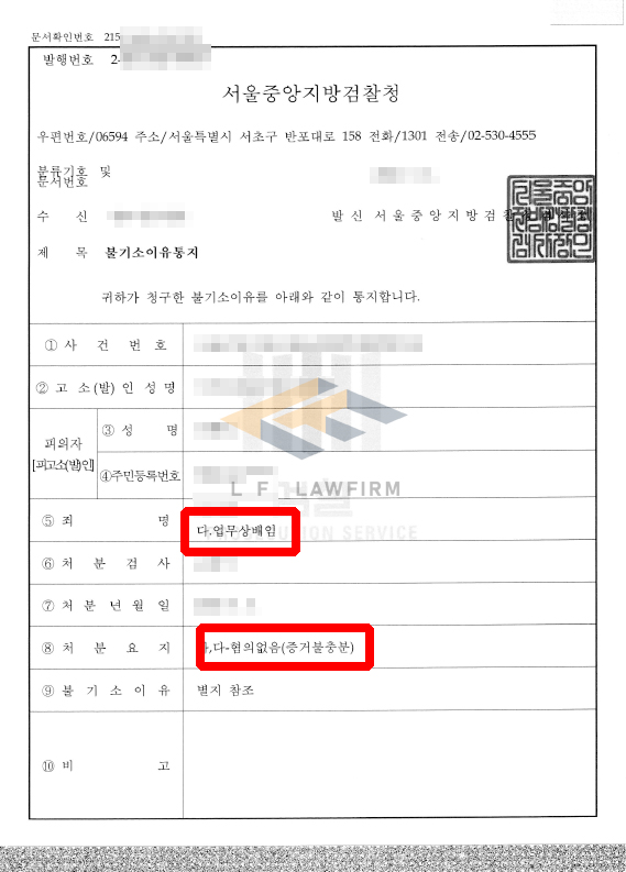 업무상배임 혐의 ‘혐의없음’ 처분 사례 – 담보가 충분한 채권의 헐값 양도 사건