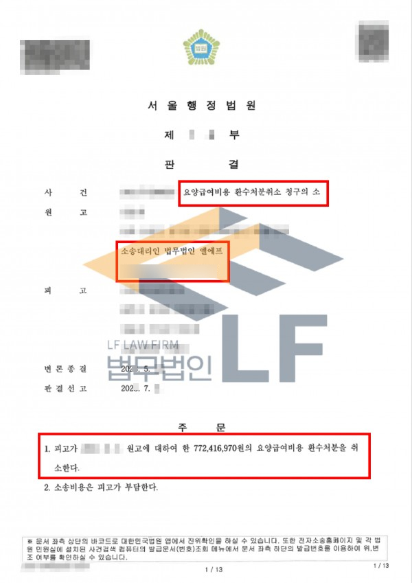 의료법 위반 7억 7천만 원 요양급여 환수처분, 전면 취소 판결