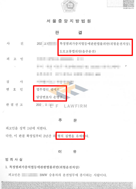 음주운전 위험운전치상죄 기소, 교통사고 집행유예 판결